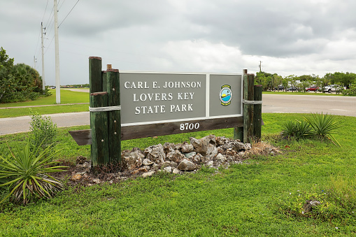 Fort Myers Beach, Florida, USA - July 21, 2020:  Main entrance to Lover's Key State Park located on Estero Boulevard.