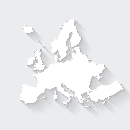 White map of Europe isolated on a gray background with a long shadow effect and in a flat design style. Vector Illustration (EPS10, well layered and grouped). Easy to edit, manipulate, resize or colorize.