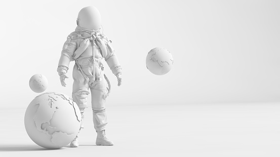 3D model of an astronaut and planet earth fully toned in white color