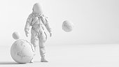 3D model of an astronaut and planet earth fully toned in white color