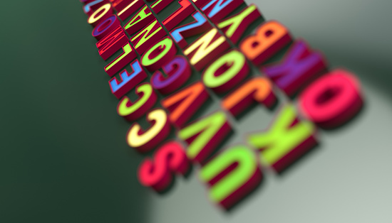 multicolored letters on a green background - blackboard visual aid - 3d rendering