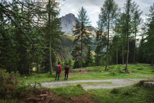 Man and woman hiking in the forest of the Dolomites during a nice summer day
