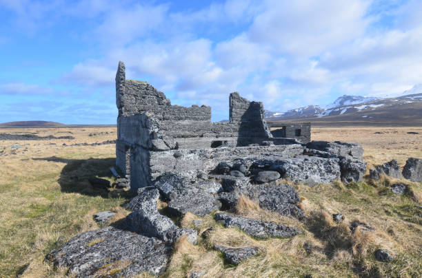 Qeqertarsuaq, Godhavn, Disko Island, Greenland, Denmark - August 24th 2024: Storage house build in old style and insolated with grass turfs