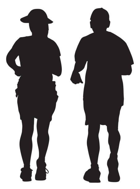 ilustrações de stock, clip art, desenhos animados e ícones de middle aged couple jogging together - silhouette running cap hat