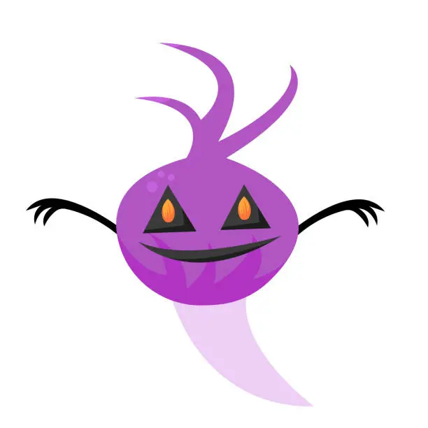 Vector illustration of Cute purple ghost with triangular eyes in which the flame is reflected cartoon character smiling on a white background concept of halloween and mysticism