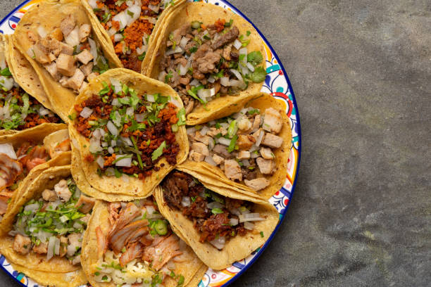 istock Assortment of mexican tacos on grey background 1270864916