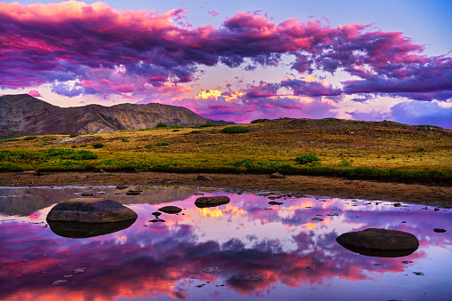 Mountains Sunset Reflections in High Alpine Tarn - Scenic views of the Rocky Mountains.