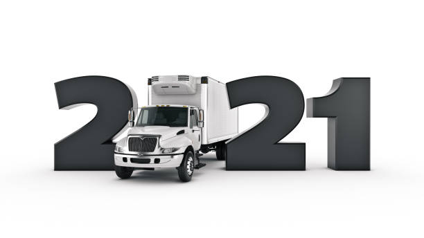 Refrigerated Truck concept 2021 New Year sign. 3d rendering