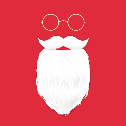 Santa claus beard and mustache and glasses on red background. Template for christmas design. Realistic style illustration