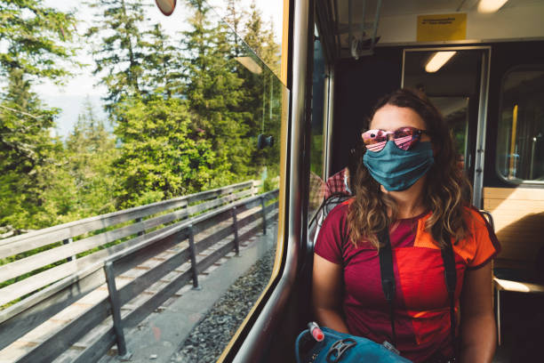 mujer turista en un tren con una máscara facial - jungfrau train winter wengen fotografías e imágenes de stock