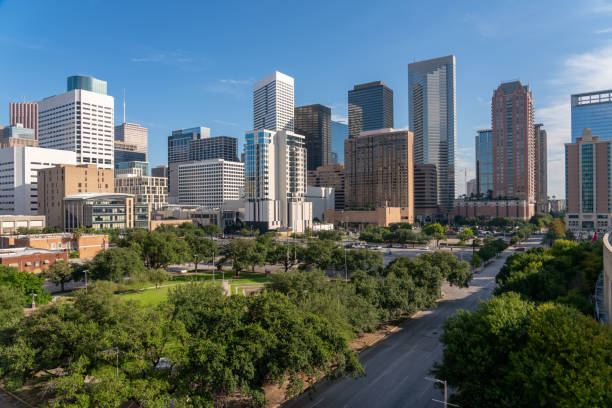 Aerial View of Empty Houston Texas Streets with Clear Blue Skies Aerial View of Empty Houston Texas Streets with Clear Blue Skies houston skyline stock pictures, royalty-free photos & images