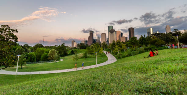 Low Angle View of Downtown Houstin From Large Park During Summer Sunset Low Angle View of Downtown Houstin From Large Park During Summer Sunset houston skyline stock pictures, royalty-free photos & images