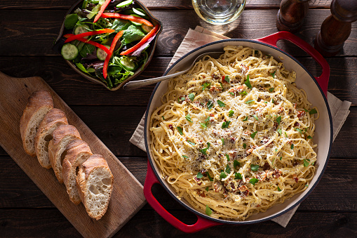 Homemade Pasta Carbonara with Salad and Bread