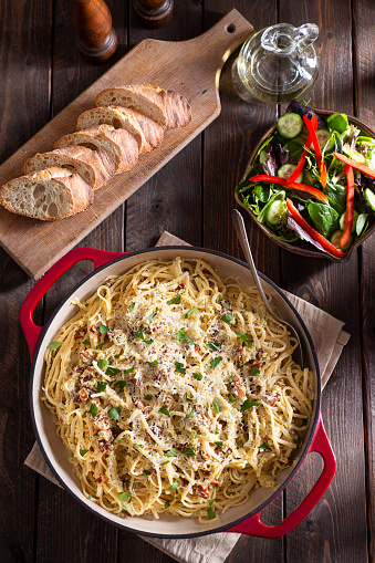Homemade Pasta Carbonara with Salad and Bread
