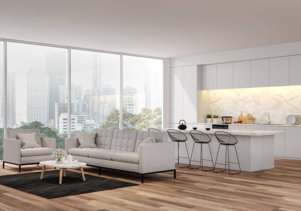 istock Modern Living, dining room and kitchen with city view 3d render 1270873203