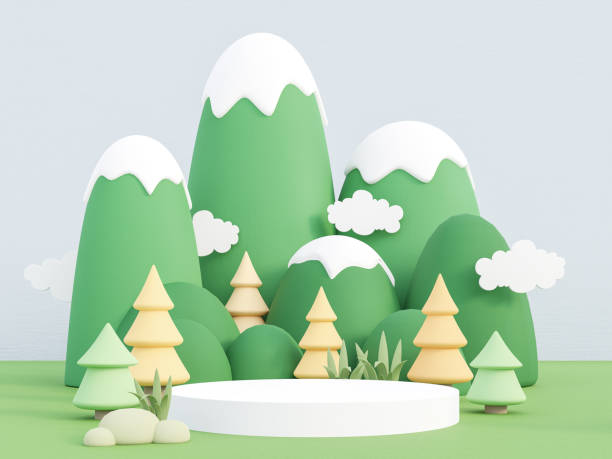istock Cartoon style brown cylinder podium with mountain background 3d render 1270873204