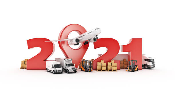 concetto mondiale di trasporto merci. segno di capodanno 2021. rendering 3d - end product foto e immagini stock