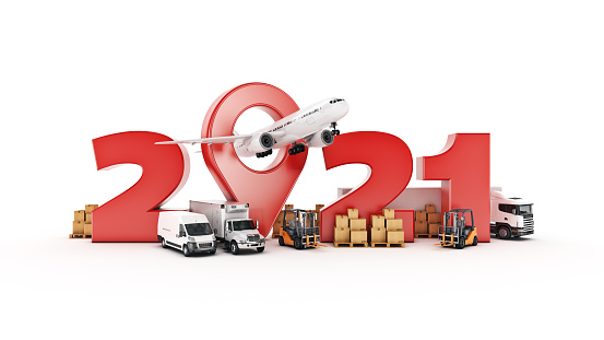 world wide cargo transport concept. 2021 New Year sign. 3d rendering