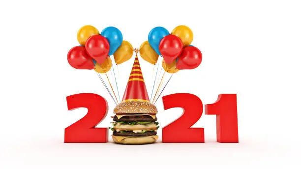 Photo of Hamburgers with party hat concept 2021 New Year sign. 3d rendering