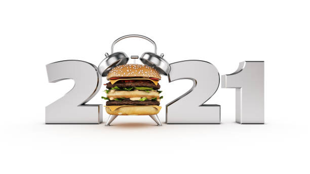 hamburger alarm clock concept 2021 New Year sign. 3d rendering