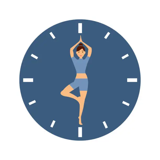 Vector illustration of Young woman standing in yoga pose. Meditation in the center of the clock. Life coaching tool for presentation. Healthy lifestyle or life balance concept on white background.