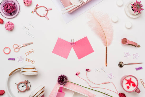 istock Teenage girl student workspace mockup flat lay 1270885186