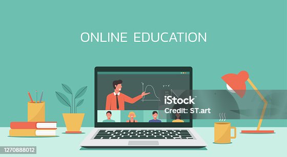 istock online class concept, home school, man teacher teaching students on laptop screen 1270888012