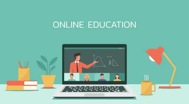 Vector illustration of online class concept, home school, man teacher teaching students on laptop screen