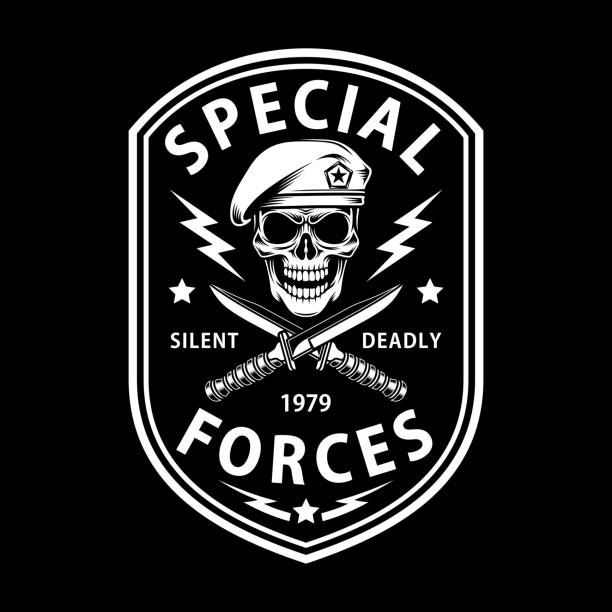 Army Special Forces Emblem With Crossed Dagger On Black fully editable vector illustration of special forces embelm, image suitable for emblem, insignia, label, logo or t-shirt graphic beret stock illustrations