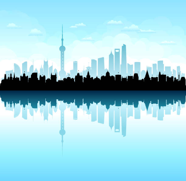 illustrazioni stock, clip art, cartoni animati e icone di tendenza di shanghai skyline silhouette (tutti gli edifici sono completi e spostabili) - huangpu district illustrations
