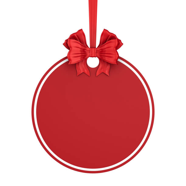 étiquette ronde de noël avec ruban rouge et arc sur fond blanc. illustration 3d isolée - christmas bubble photos et images de collection