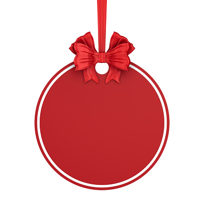 round christmas label with red ribbon and bow on white background. Isolated 3D illustration