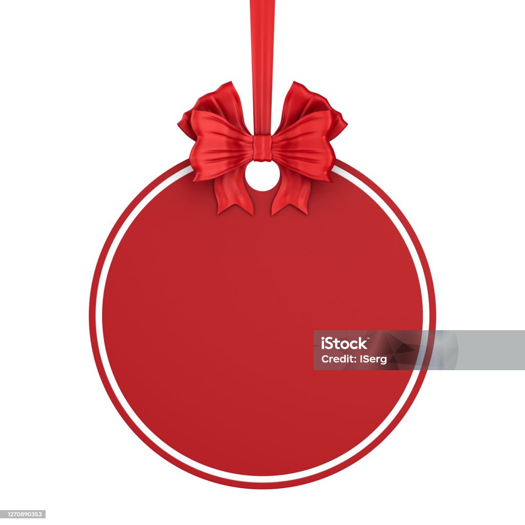 round christmas label with red ribbon and bow on white background. Isolated 3D illustration Christmas Ornament Stock Photo