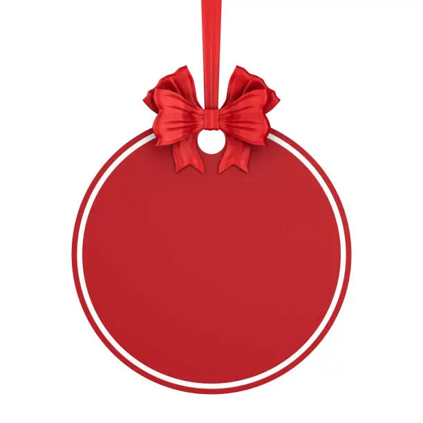 Photo of round christmas label with red ribbon and bow on white background. Isolated 3D illustration