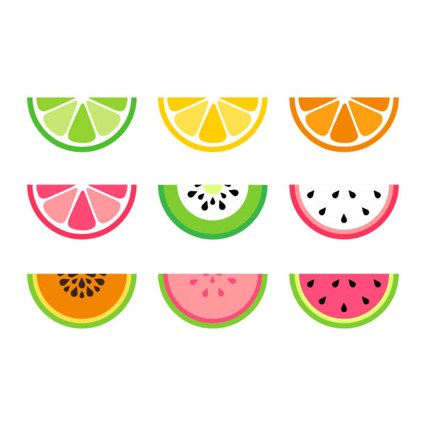 ilustraciones, imágenes clip art, dibujos animados e iconos de stock de establecer rodajas de frutas tropicales, sandía, naranja, lima, fruta de dragón, papaya, limón, pomelo y kiwi, iconos vectores - kiwi vegetable cross section fruit