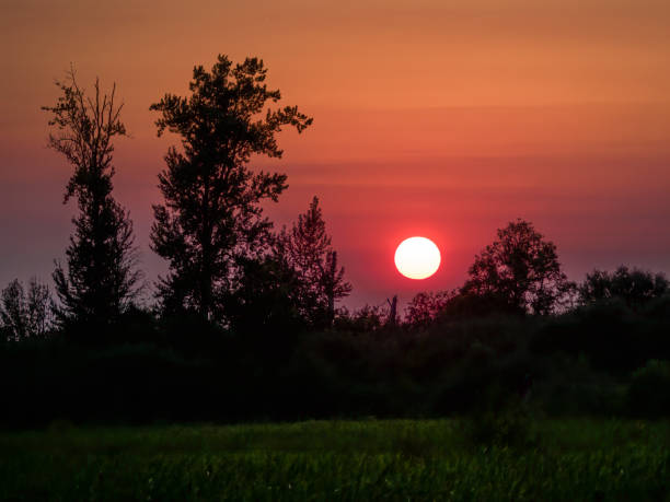 Bright sun with intense color in a Sunrise sky. Almost a Silhouette, but has underlying colors. Located in Oregon.