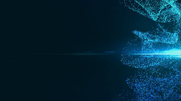 istock Abstract blue colorful particle wave on side. Small round dot on black background. Copy space, 3D rendering 1270893655