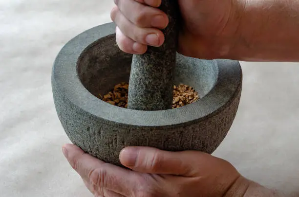 Hand grinds the dried roots of medicinal herbs in stone mortar. Caucasian middle-aged man. Alternative medicine. Medicinal herbs.