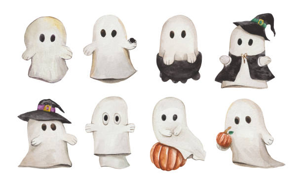 istock Watercolor set of eight cute vintage ghosts 1270894715