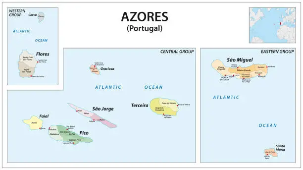 Vector illustration of administrative vector map of the Portuguese archipelago Azores in the Atlantic Ocean, Portugal