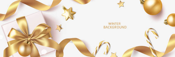 New Year and Christmas design template. Winter background with decorative golden balls and stars. vector art illustration