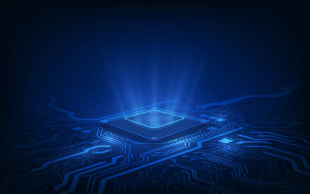abstrakcyjna technologia procesor chipu tła płytki drukowanej i kod html, 3d ilustracja niebieski wektor tła technologii. - microelectronic stock illustrations
