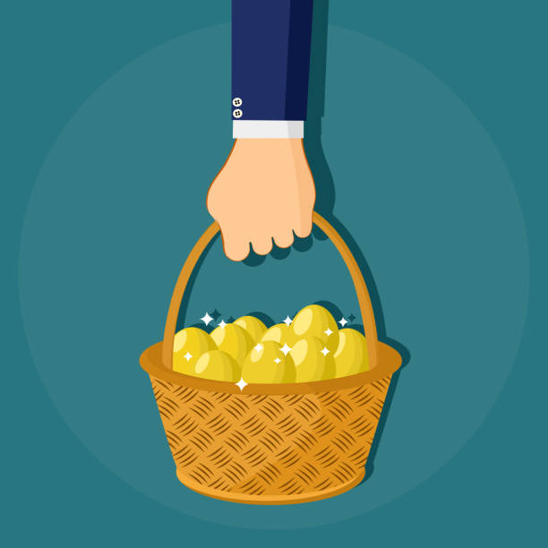 ilustrações de stock, clip art, desenhos animados e ícones de a business man with a basket of golden eggs. vector illustration - wealth eggs animal egg easter egg