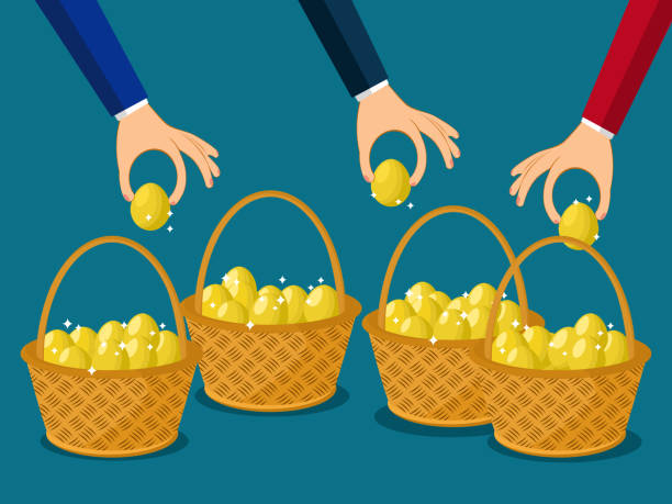 A businessman allocates more than one egg in one basket. Business distribution concept vector