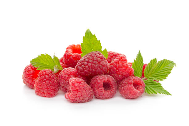 istock Ripe raspberries with leaf isolated on a white background 1270901414