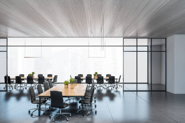 istock Grey and wooden panoramic meeting room interior 1270906958