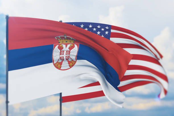 waving american flag and flag of serbia. closeup view, 3d illustration. - bandeira da sérvia imagens e fotografias de stock