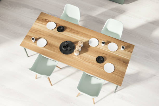 istock Dining room with wooden table, top view 1270908368