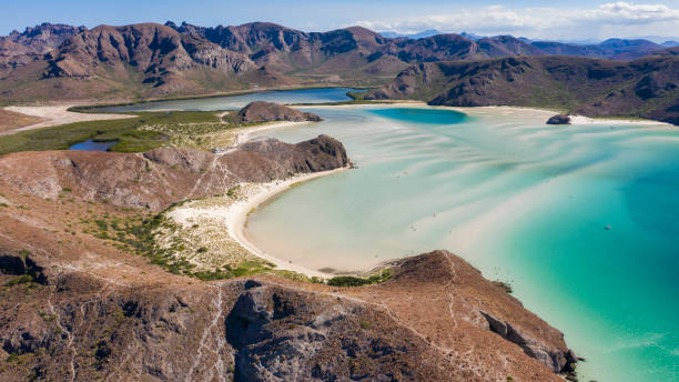 Balandra Beach Day time aerial view of Playa Balandra, an iconic beach in La Paz, Baja California Sur, Mexico. baja california peninsula stock pictures, royalty-free photos & images