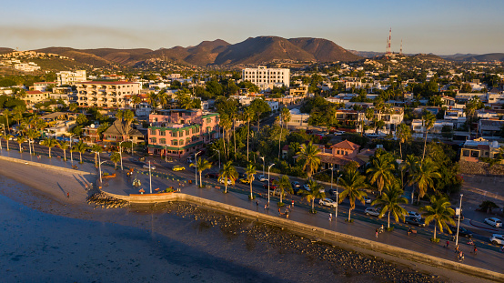 Sunset aerial view of the waterfront area of La Paz, Baja California Sur, Mexico.